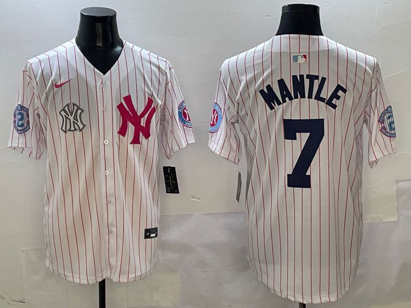 Men New York Yankees 7 Mantle White Stripe Jointly Name Nike 2025 MLB Jersey style 8